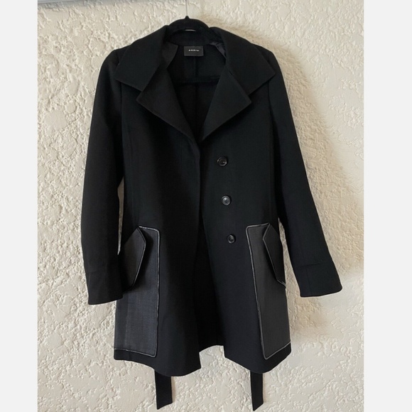 AKRIS Wool Angora Blend Belted Trench Coat, Size US 4, Cinched Black Jacket